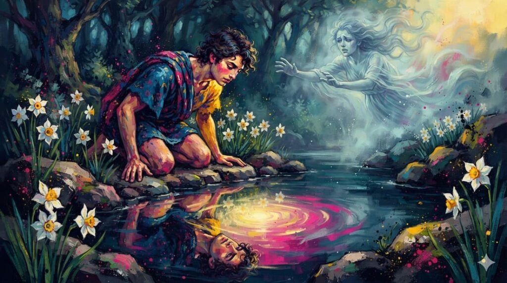 Jovem grego ajoelhado contemplando o próprio reflexo em lago cristalino com ninfa Eco desvanecendo ao fundo