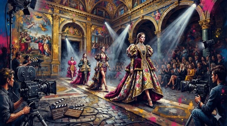 Passarela de moda moderna em palácio renascentista com vestidos inspirados em Botticelli e luz dramática de chiaroscuro