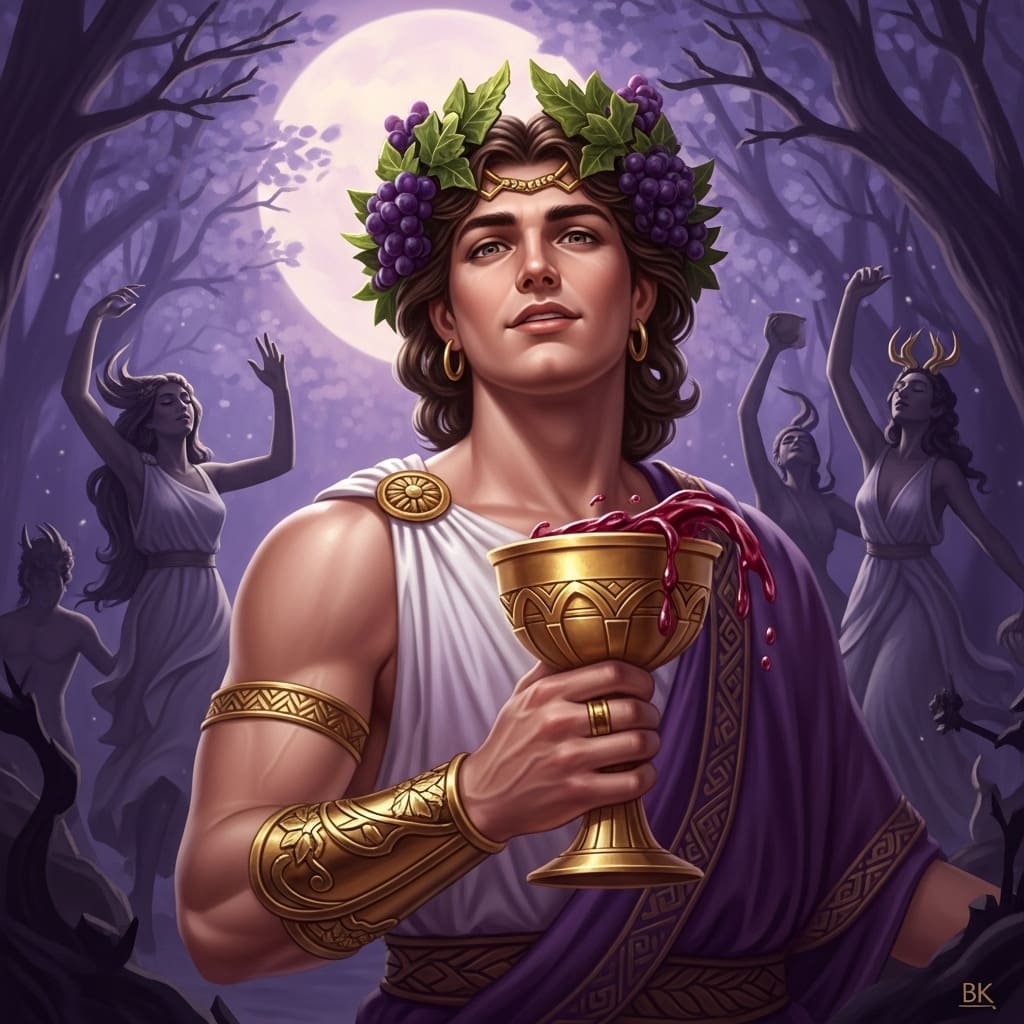 dionisio-deus-vinho-extase Dionísio, deus grego do vinho e da loucura ritualística, segurando uma taça em meio a folhagens e luz lunar.