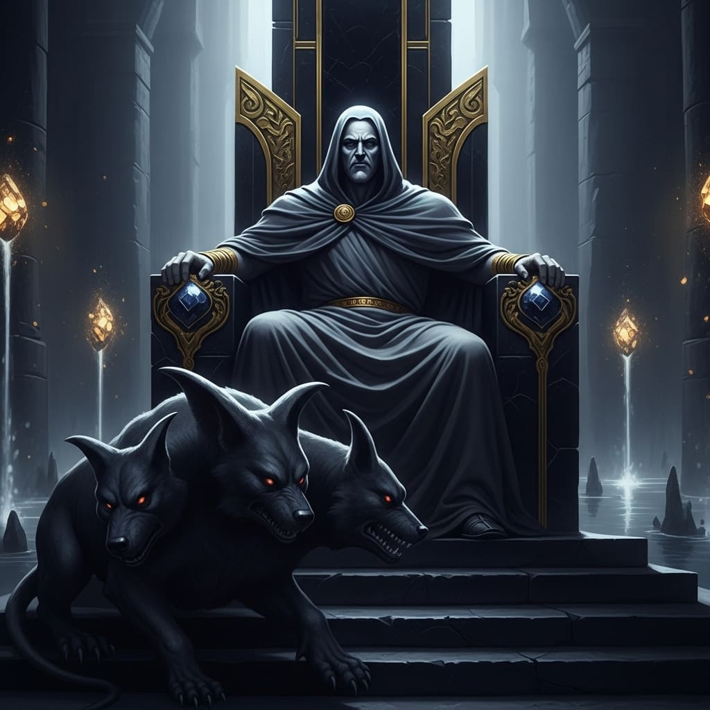 hades-senhor-submundo-cerbero Hades, deus do submundo e das riquezas, sentado solenemente em seu trono de obsidiana com o cão Cérbero a seus pés.