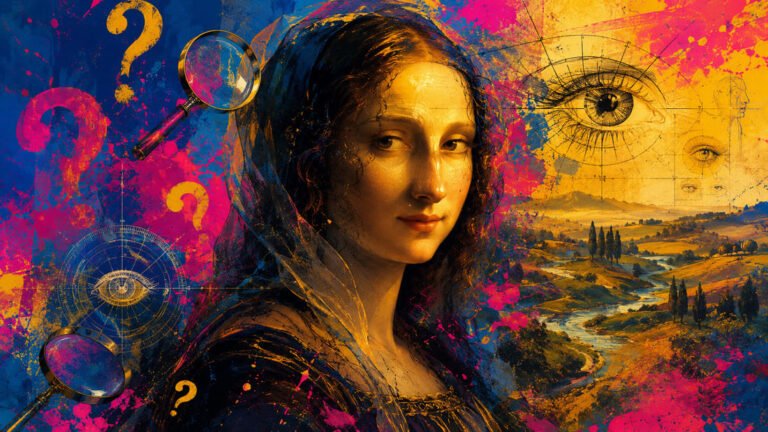 Mulher renascentista com sorriso enigmático cercada por símbolos de investigação científica e paisagem da Toscana