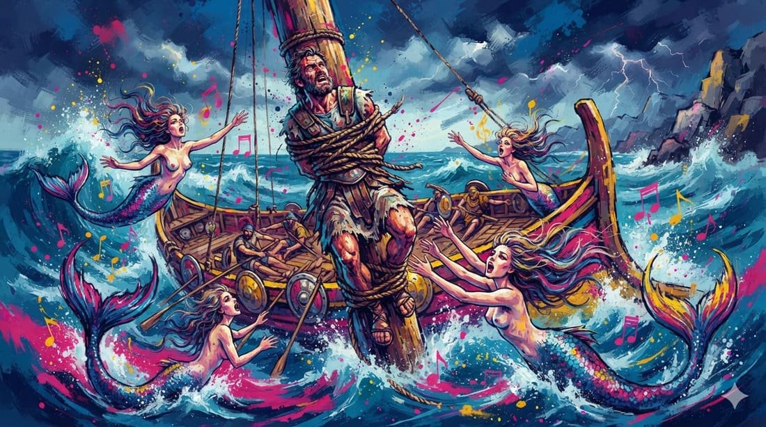 Ulisses amarrado ao mastro de seu navio grego resistindo ao canto das sereias em mar tempestuoso