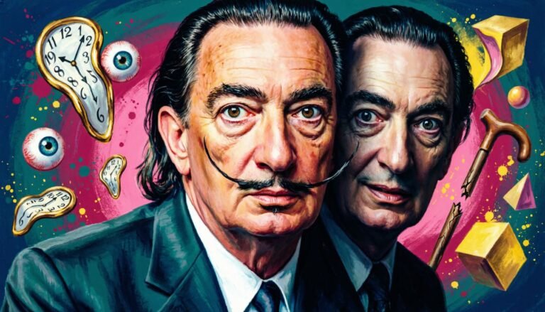 Retrato dividido de Salvador Dalí mostrando sua persona pública e seu lado sombrio com elementos surrealistas