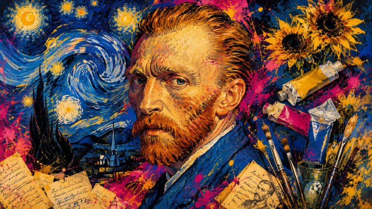 Retrato de Vincent van Gogh cercado por elementos icônicos de sua obra: noite estrelada, girassóis e cartas