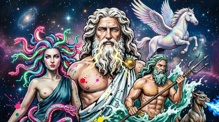 Colagem digital vibrante com Zeus, Medusa, Poseidon, Pégaso e Quimera reimaginados em arte futurista