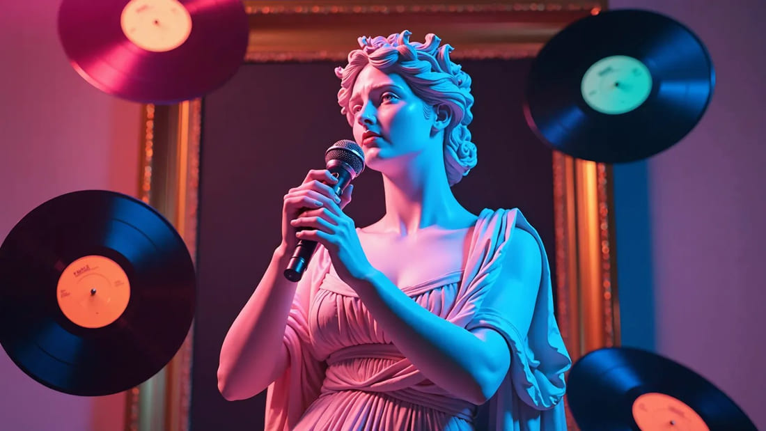 Imagem mostrando uma estátua renascentista segurando um microfone neon, cercada por discos de vinil coloridos, com referências à arte clássica
