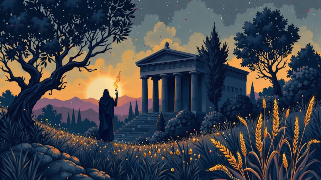 Mistérios de Eleusis com templo e iniciado