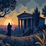 Mistérios de Eleusis com templo e iniciado