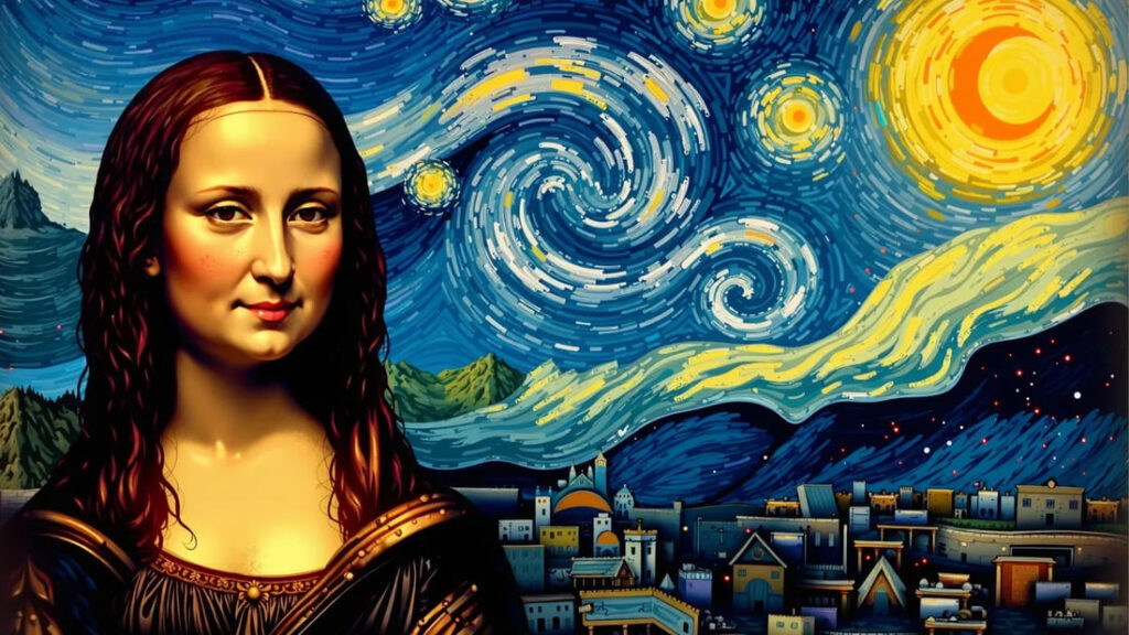 Mona Lisa, Noite Estrelada e Guernica, representando a genialidade na arte em tons de azul, amarelo e preto