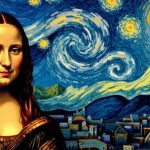 Mona Lisa, Noite Estrelada e Guernica, representando a genialidade na arte em tons de azul, amarelo e preto