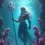 Imagens de IA mitologia grega. Poseidon em um reino subaquático futurista