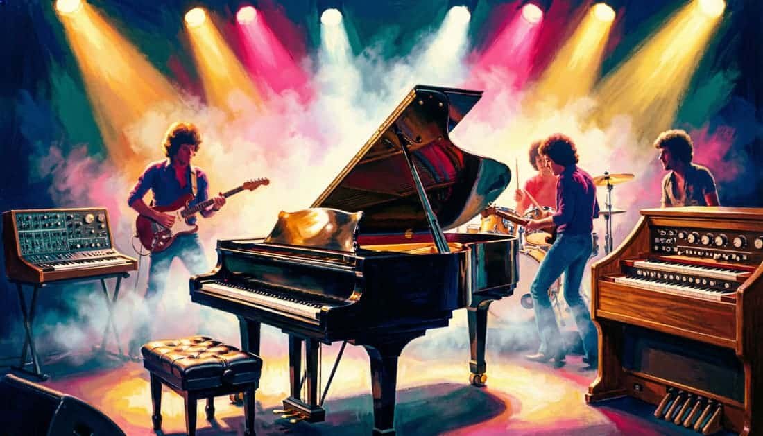 Palco de concerto anos 70 com piano de cauda iluminado e atmosfera etérea, evocando a balada Afterglow do Genesis