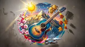 Violão brasileiro em paisagem onírica com elementos da letra de Amor de Índio em estilo digital vibrante