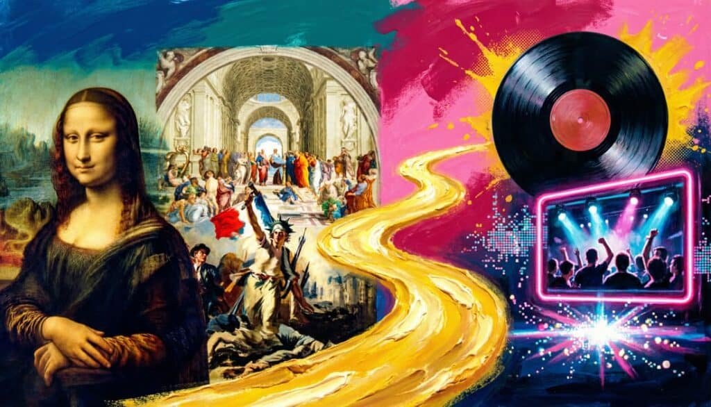 Composição dividida mostrando pinturas renascentistas se fundindo com ícones da cultura pop moderna