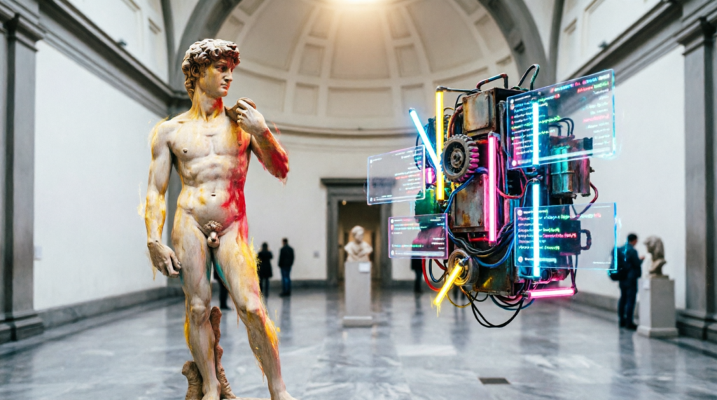 Estátua clássica de mármore diante de instalação contemporânea com luzes neon em galeria de museu, diálogo entre séculos