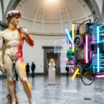 Estátua clássica de mármore diante de instalação contemporânea com luzes neon em galeria de museu, diálogo entre séculos