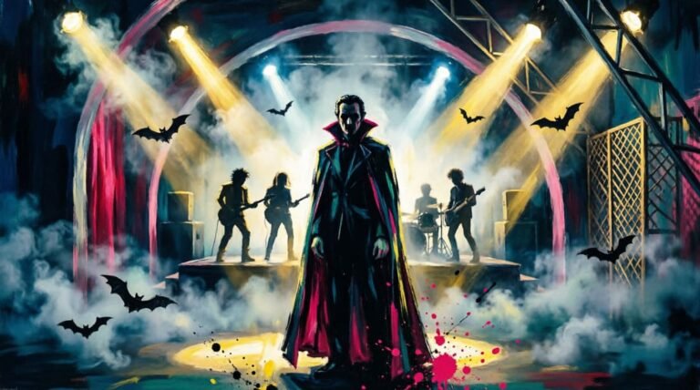 Clube gótico esfumaçado dos anos 70 com figura vampírica e banda pós-punk em estilo digital vibrante