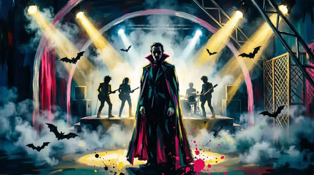 Clube gótico esfumaçado dos anos 70 com figura vampírica e banda pós-punk em estilo digital vibrante