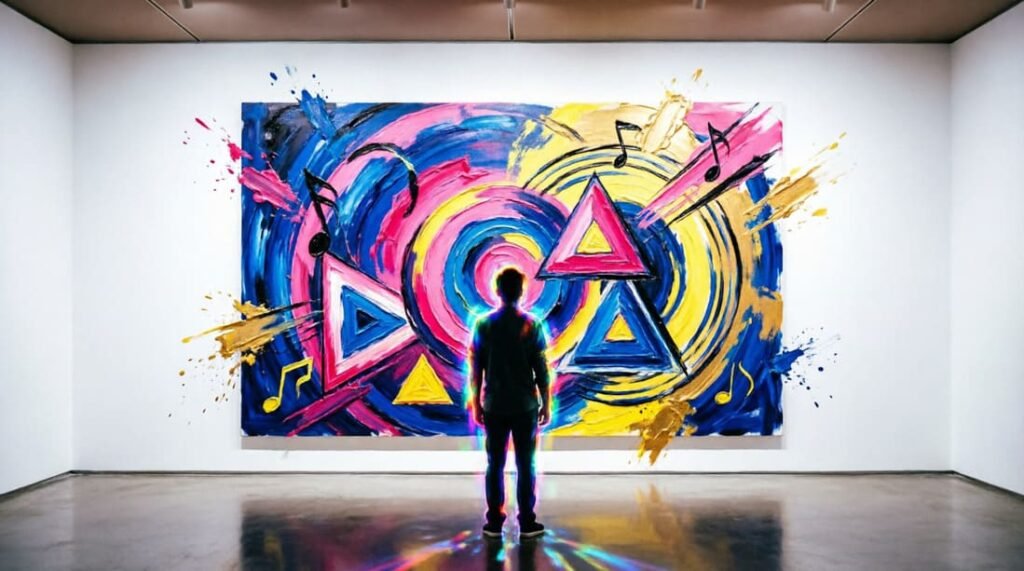 Visitante diante de pintura abstrata gigante com formas geométricas escapando da tela, em estilo digital vibrante