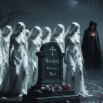 Virginal brides pass a tombstone in a gothic ritual scene inspired by Bela Lugosi's Dead by Bauhaus.