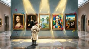 Parede de museu com pinturas em cinco estilos artísticos diferentes sendo examinadas com lupa, em estilo digital vibrante