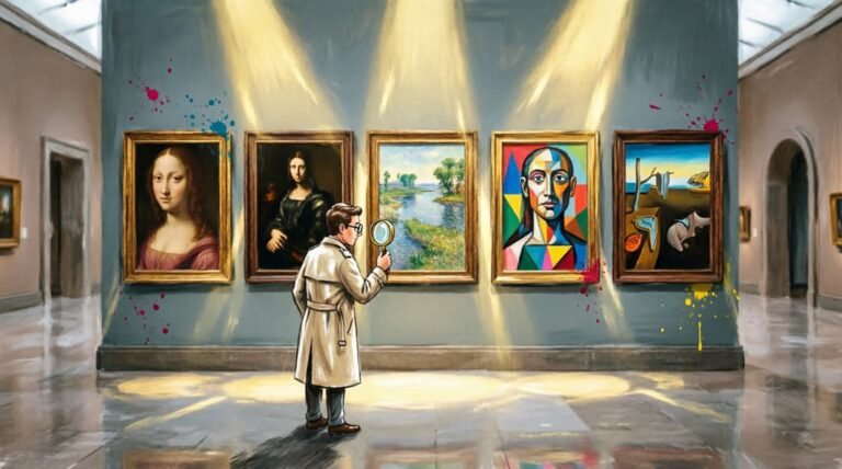 Parede de museu com pinturas em cinco estilos artísticos diferentes sendo examinadas com lupa, em estilo digital vibrante