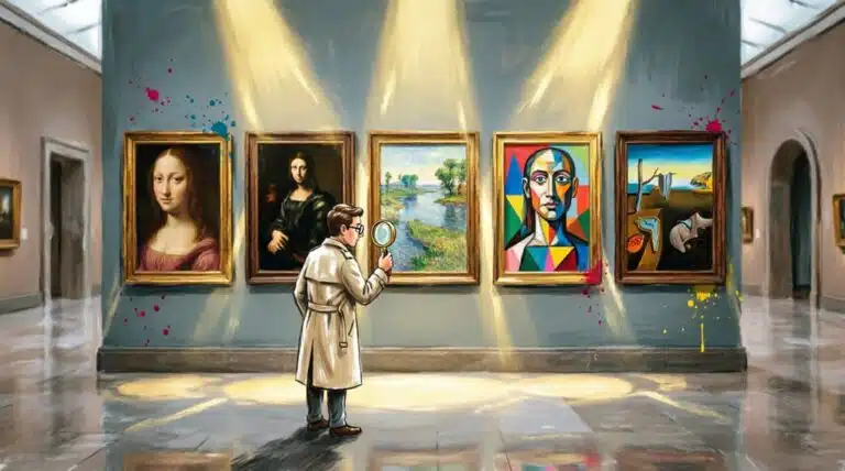 Parede de museu com pinturas em cinco estilos artísticos diferentes sendo examinadas com lupa, em estilo digital vibrante