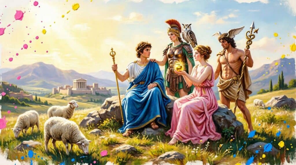 Páris diante das três deusas (Hera, Atena e Afrodite) em paisagem pastoril, em estilo digital vibrante