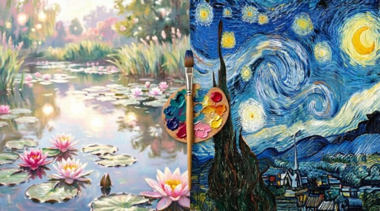 Tela dividida com jardim impressionista de Monet à esquerda e céu pós-impressionista de Van Gogh à direita