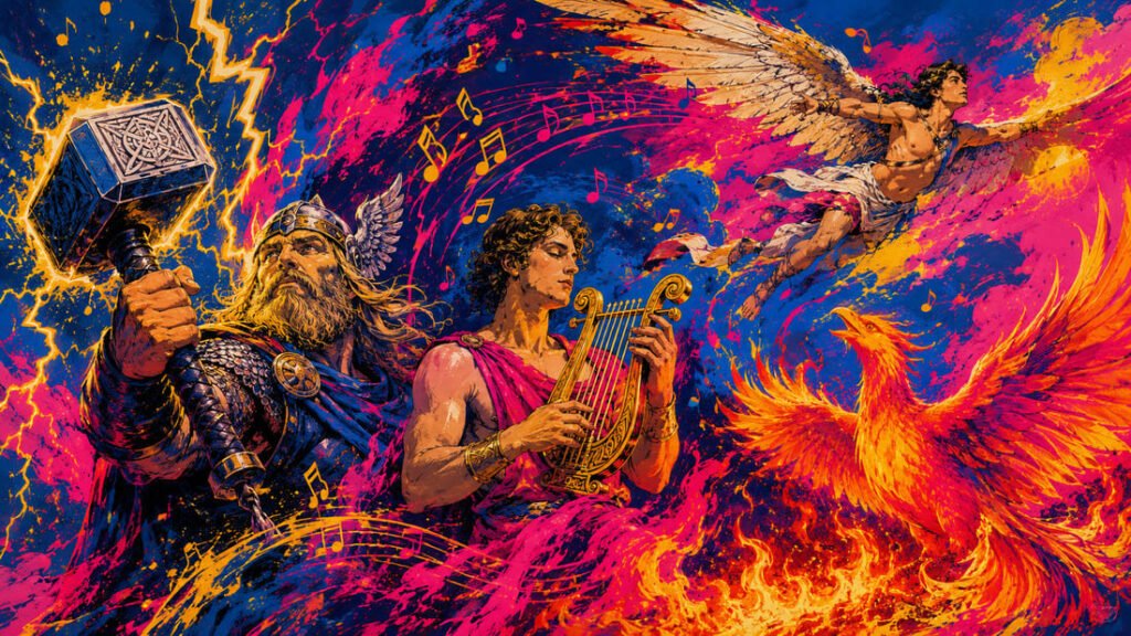 Colagem vibrante com guerreiro viking, Orfeu, Ícaro e Fênix cercados por notas musicais e raios