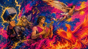 Colagem vibrante com guerreiro viking, Orfeu, Ícaro e Fênix cercados por notas musicais e raios