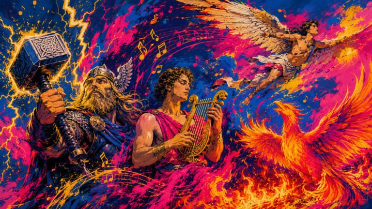 Colagem vibrante com guerreiro viking, Orfeu, Ícaro e Fênix cercados por notas musicais e raios