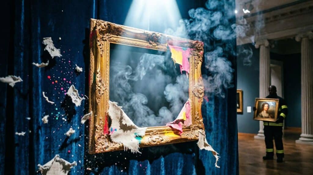 Moldura dourada vazia em galeria de museu com fragmentos de tela e cinzas flutuando, homenagem às obras de arte destruídas