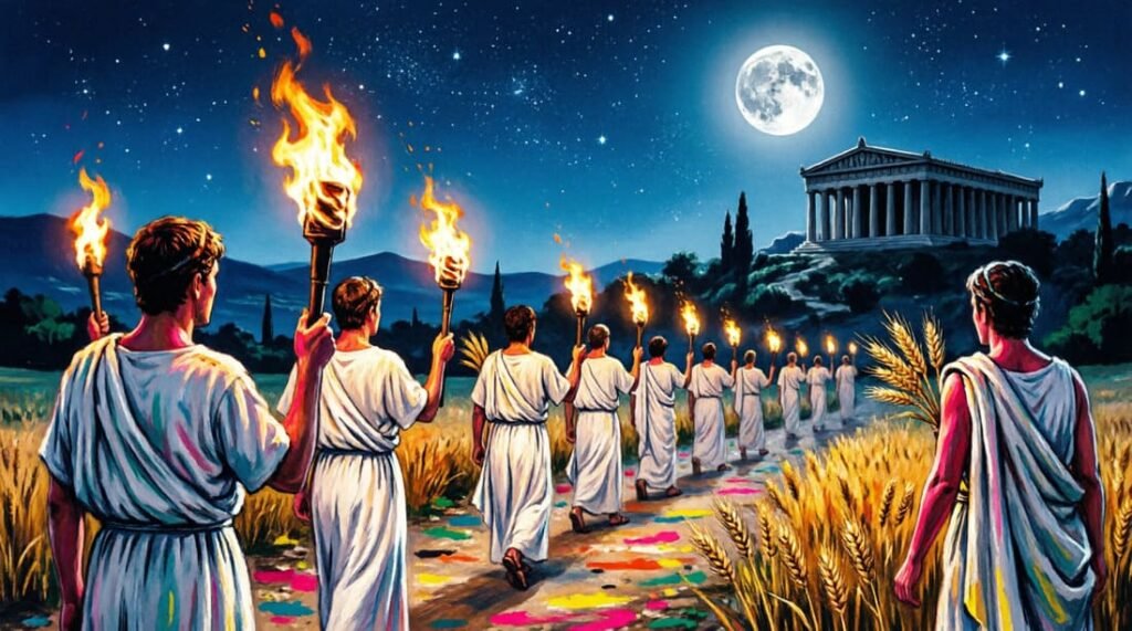 Procissão noturna de iniciados com tochas na Via Sagrada rumo a Eleusis, em estilo digital vibrante