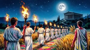 Procissão noturna de iniciados com tochas na Via Sagrada rumo a Eleusis, em estilo digital vibrante