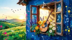 Janela mineira aberta ao sol dourado da primavera com violão e sementes ao vento em estilo digital vibrante