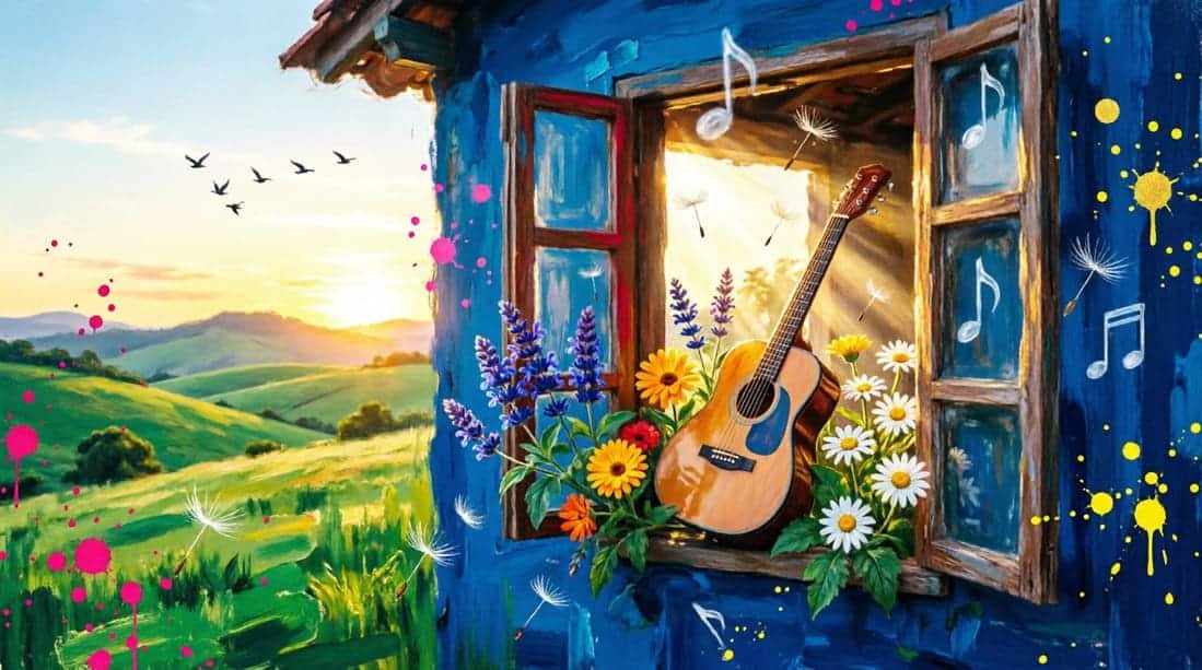 Janela mineira aberta ao sol dourado da primavera com violão e sementes ao vento em estilo digital vibrante