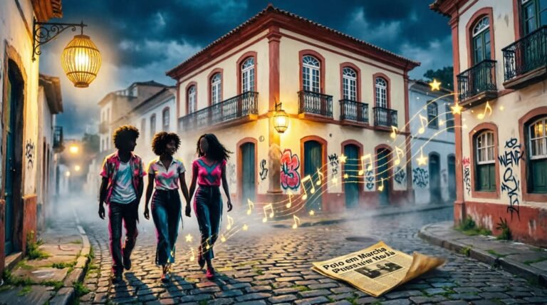 Três amigos em esquina mineira nos anos 70 com estrelas brilhantes, recriação digital em estilo vibrante do Clube da Esquina
