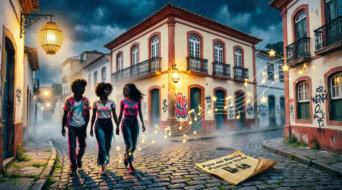Três amigos em esquina mineira nos anos 70 com estrelas brilhantes, recriação digital em estilo vibrante do Clube da Esquina