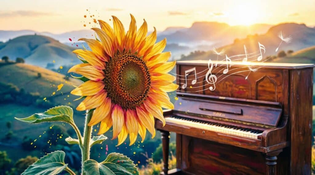 Girassol dourado em estilo digital vibrante com piano ao fundo, recriação poética da canção do Clube da Esquina