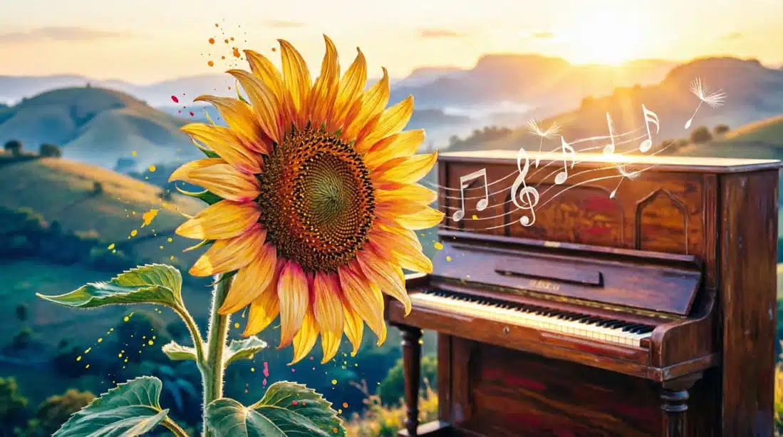 Girassol dourado em estilo digital vibrante com piano ao fundo, recriação poética da canção do Clube da Esquina
