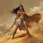 Cleópatra guerreira IA em deserto egípcio