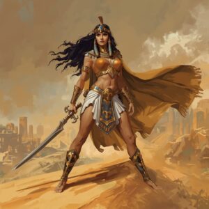 Cleópatra guerreira IA em deserto egípcio