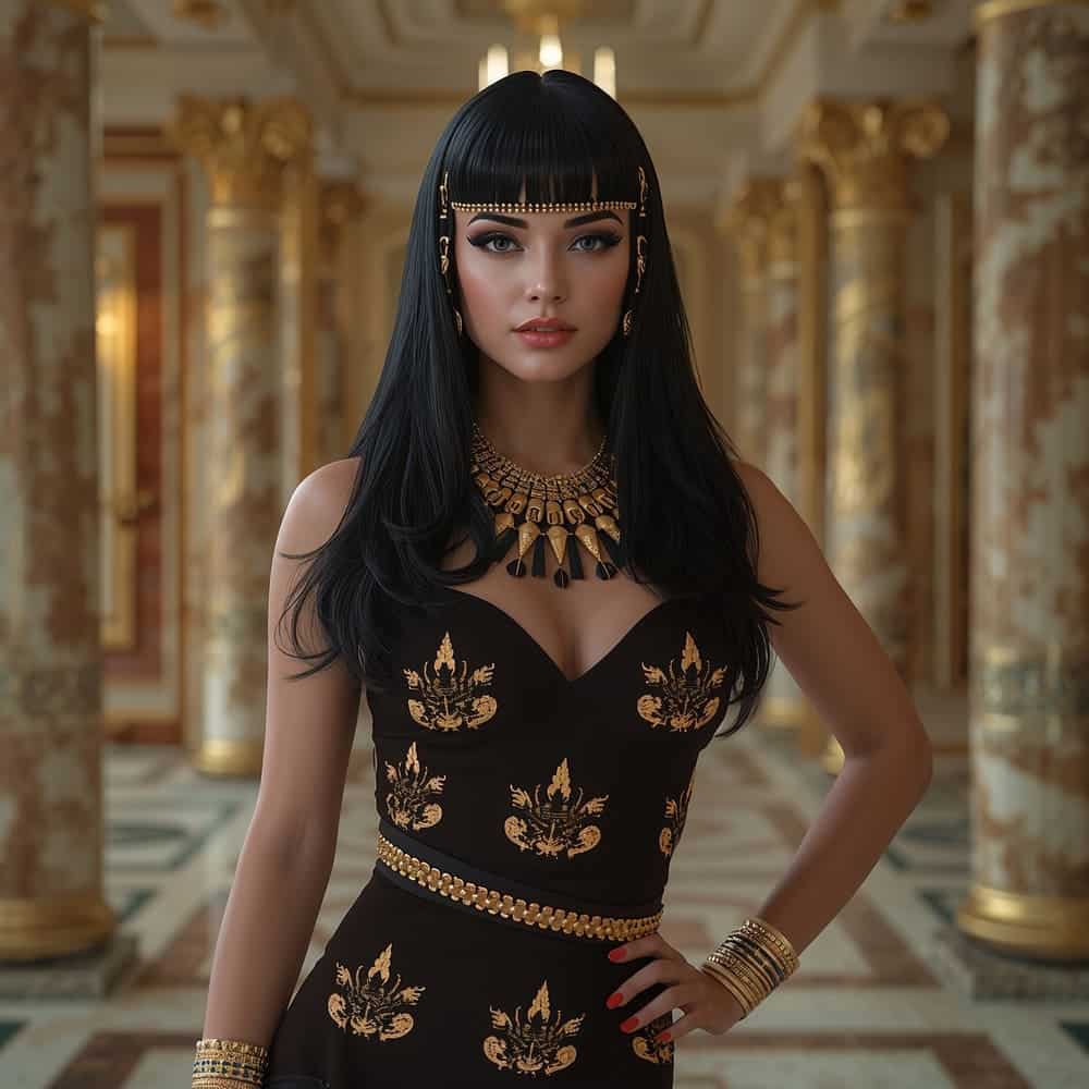 Cleópatra ícone moda IA em palácio egípcio. Cleópatra heroína IA