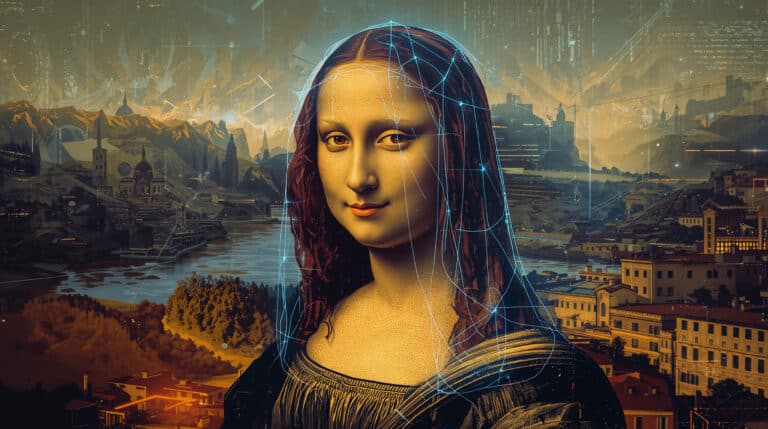 Mona Lisa cyberpunk IA em cidade neon. Pinturas clássicas IA