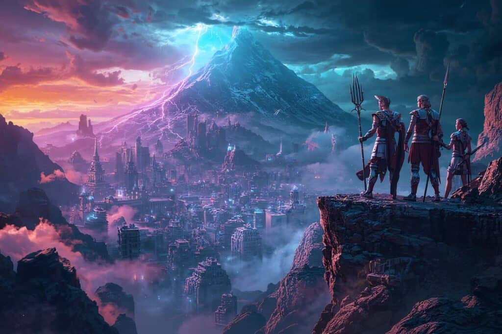 Monte Olimpo cyberpunk com Zeus, Atena e Poseidon em arte digital IA