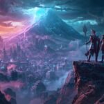 Monte Olimpo cyberpunk com Zeus, Atena e Poseidon em arte digital IA