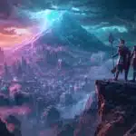 Monte Olimpo cyberpunk com Zeus, Atena e Poseidon em arte digital IA
