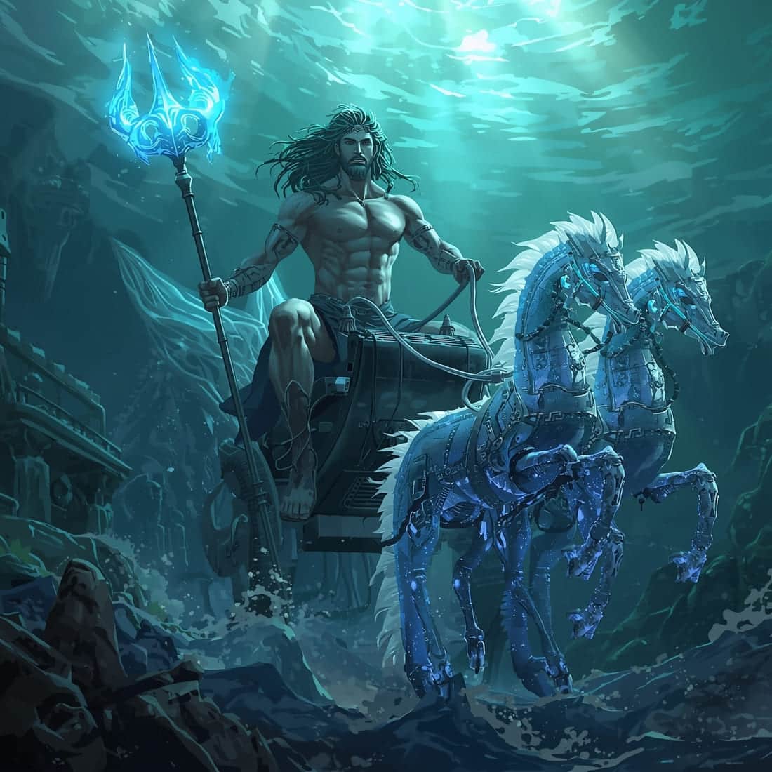 Poseidon deus mares IA subaquático