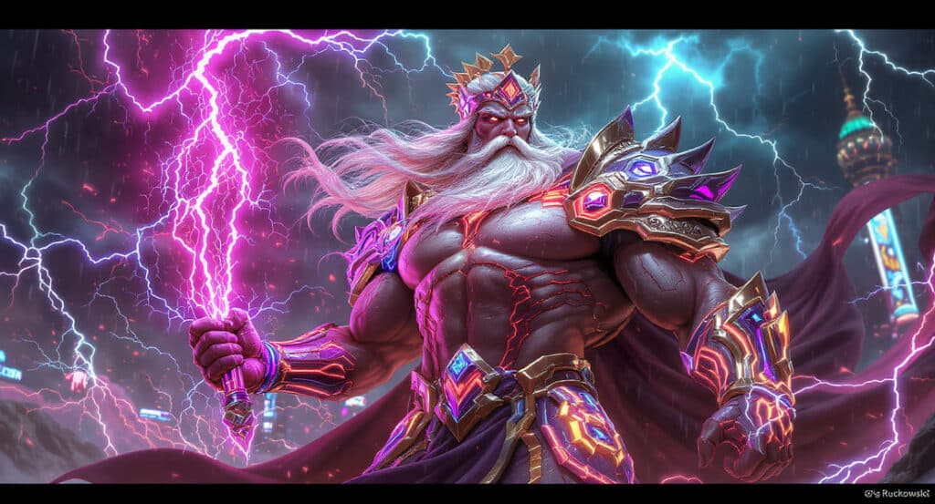 Zeus mitologia grega IA cibernético em cidade neon
